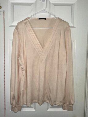 Agnes Urban Cream Beige Pleated V Neck Bishop Sleeve Blouse Top Long Sleeve XL